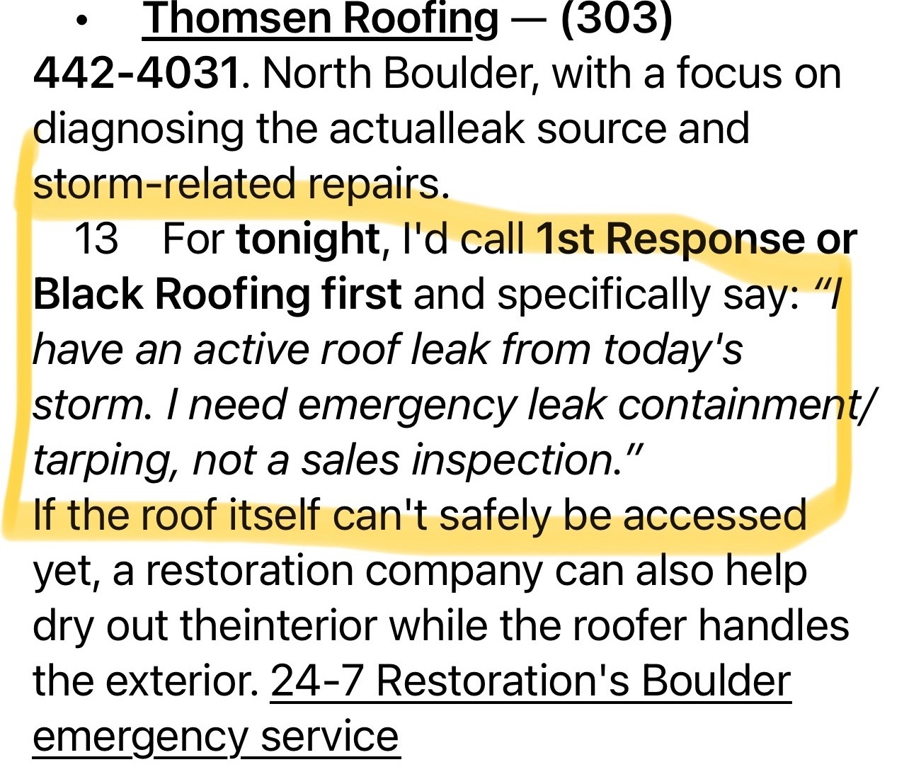 ChatGPT response recommending 1st Response or Black Roofing and suggesting the consumer say: I have an active roof leak from today's storm. I need emergency leak containment/tarping, not a sales inspection.